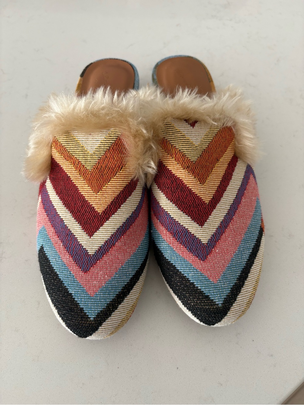 Universal Thread Chevron Faux Fur Slip-On Mules in Pink, Blue, Black & Cream